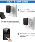Illustration of how to connect wireless doorbell with camera 150M range indoor receiver smart doorbell cam via USB and sync