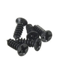 Close-up image of four black mounting screws for Set Of Five PCB DIN C45 Rail Adapter Brackets For Circuit Board Mounting On 35mm DIN Rail Easy To Install And Detach Bracket Carrier For Secure DIN Rail Mounting In Control Panels.