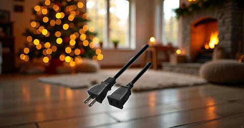 Short And Handy USA Outlet Saver Power Extension Cord 125V 10A 2 Prong 2 Outlets, shown in a cozy home setting with Christmas lights.