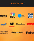 Logos of CBS, NBC, USA Today, Fox News, MSN, AP, Bloomberg, ESPN, Business Insider, Daily Mail, Forbes on orange background.