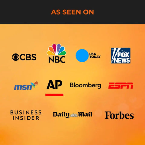 Logos of CBS, NBC, USA Today, Fox News, MSN, AP, Bloomberg, ESPN, Business Insider, Daily Mail, Forbes on orange background.