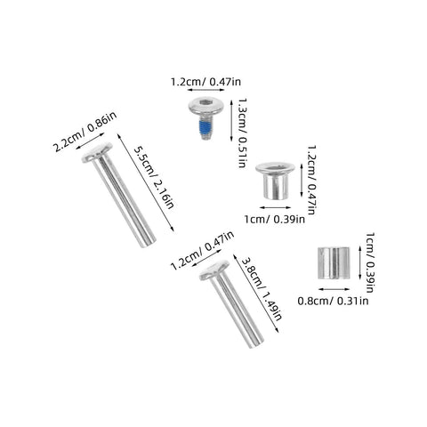 Inline Skate Axle Screw Replacement Kit with alloy aluminum spacers, silver wheel hardware, 1.2cm and 5.5cm parts