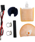 Beefed Up High Performance 1 Piece Electric In Tank EFI Fuel Pump Kit With Strainer Filter Gasket Hose Stainless Steel Clamps Universal Wiring Harness And Installation Kit showing components.