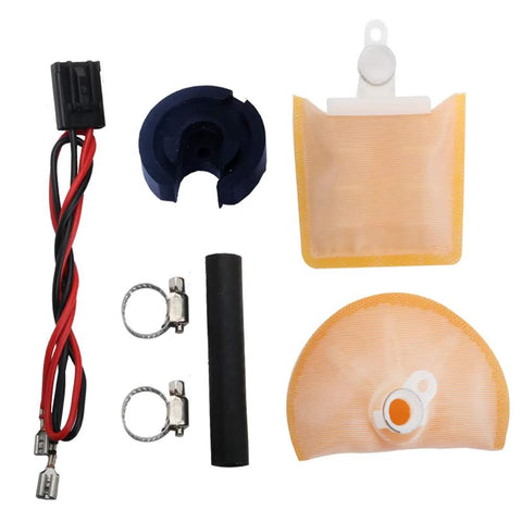 Beefed Up High Performance 1 Piece Electric In Tank EFI Fuel Pump Kit With Strainer Filter Gasket Hose Stainless Steel Clamps Universal Wiring Harness And Installation Kit showing components.