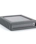 Kickass Dual Bay USB C Enclosure For Two Point Five Inch SATA Drives, grey chassis with vented design, side view.