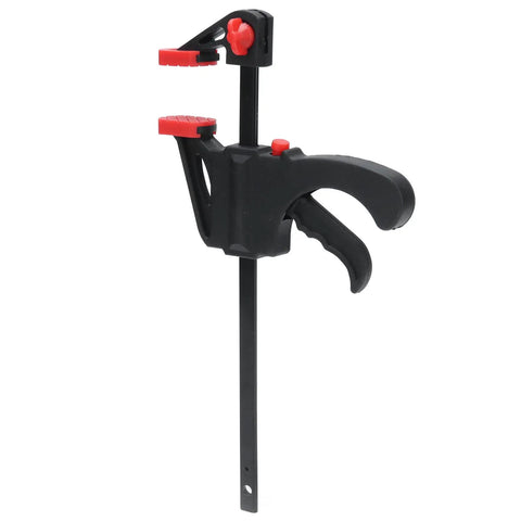 Dead Serious Six Inch Woodworking Bar Clamp With Long Rod Frame For Tight Corners And Zero Fuss One Handed Operation designed with premium steel and red handle.