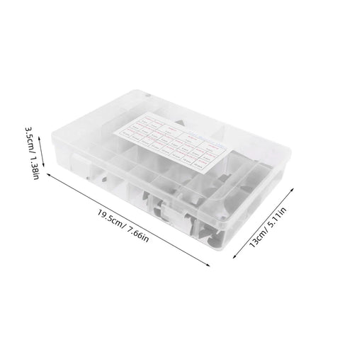135 Piece Woodruff Key And Keyway Assortment Kit in clear plastic box with labeled compartments, dimensions 19.5cm x 13cm x 3.5cm.