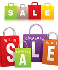 Colorful shopping bags with the word 'SALE' promoting discounts and clearance offers, featuring big and bold typography.