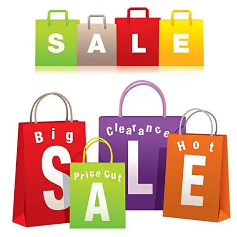 Colorful shopping bags with the word 'SALE' promoting discounts and clearance offers, featuring big and bold typography.