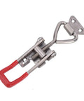 Heavy Duty 304 Stainless Steel Toggle Clamp Locks Things Down Tight With A Rock Solid 250 Kilogram Grip Perfect For Welding Jigs And Garage Builds With Fast Plate Mount, showcasing the clamp's quick release mechanism.