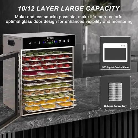 Top Shelf Home Freeze Dryer Machine For Food Dehydration Featuring Ten Roomy Stainless Steel Trays And A Kickass 1000W 360 Degree Airflow Setup For Swift Jerky Fruit Meat Preservation No Sweat with transparent glass door and visible trays.