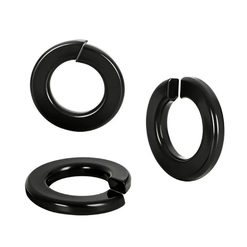 Black rust-resistant lock washers, 1/4 inch, for outdoor and marine use, durable heat-safe hardware, 304 stainless steel, 100-pack.