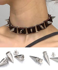 Front view: brown leather choker with silver cone spike studs and screwback posts; 10pcs 7x14mm metal spikes.