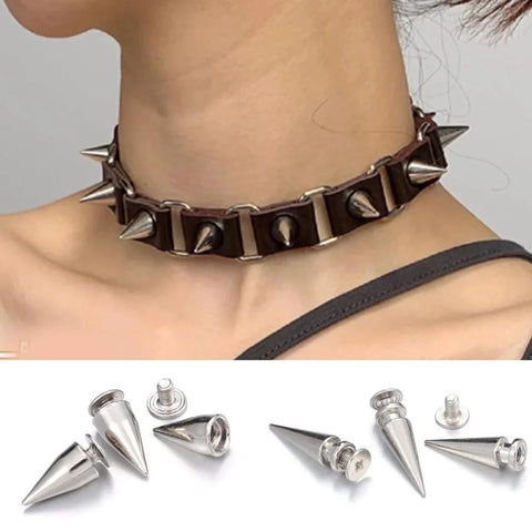 Front view: brown leather choker with silver cone spike studs and screwback posts; 10pcs 7x14mm metal spikes.