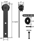 Sliding Barn Door Roller Set Black I Shape Hanger Set Made From Carbon Steel With Black Powder Coat Includes 2 Rollers, 2 End Caps, 1 Floor Guide, 8 Spacers For Thin Doors, 265 Lb Capacity, Fits 1 3/8 To 1 3/4 Inch Thick Doors diagram
