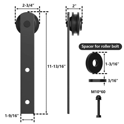 Sliding Barn Door Roller Set Black I Shape Hanger Set Made From Carbon Steel With Black Powder Coat Includes 2 Rollers, 2 End Caps, 1 Floor Guide, 8 Spacers For Thin Doors, 265 Lb Capacity, Fits 1 3/8 To 1 3/4 Inch Thick Doors diagram