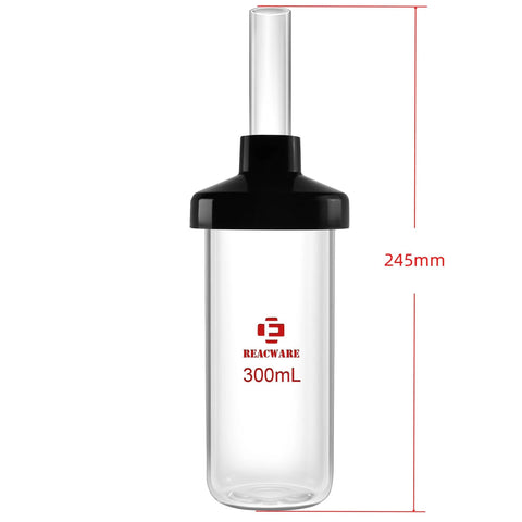 Front view of REACWARE 300mL lyophilization flask: clear glass with black cap and long glass neck