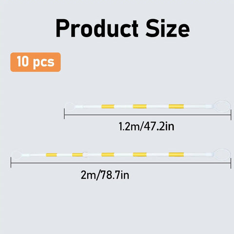 Hella Rugged Retractable Traffic Barricade Bars 10 Pack extendable size info showing 1.2m and 2m lengths with yellow markings.