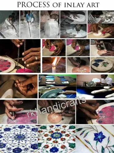 Process of inlay art showcasing artisans creating intricate designs with hands on various materials.