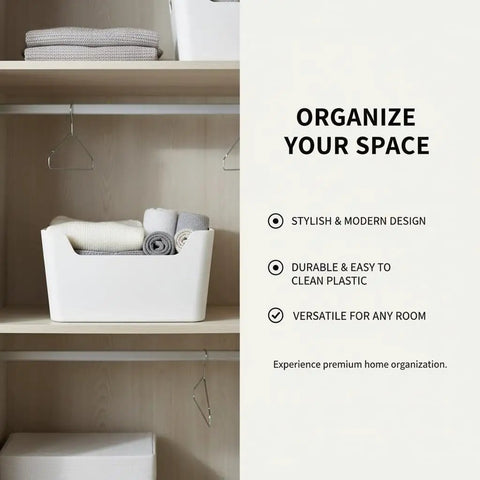 Large Capacity Front Access Storage Bin With Clear View, Stackable Plastic Organizer For Home Kitchen Closet Or Office, BPA Free Matte White, shown on a shelf with towels.