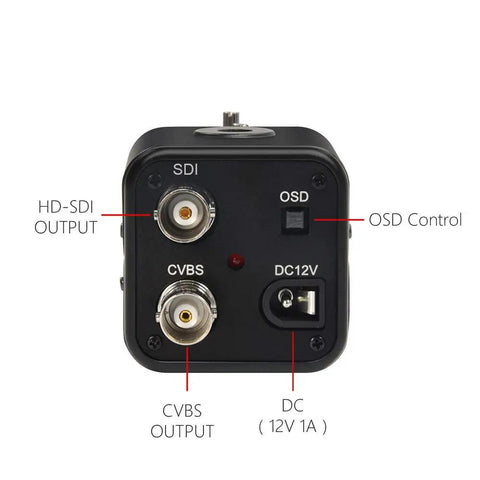 Back panel of SDI Camera 2MP 1080P HD Security Camera With 1/2.8 Inch CMOS Sensor And 5-50mm Manual Varifocal Lens, showing outputs and controls.