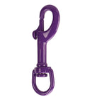 Purple 75mm stainless steel swivel eye snap hook with loop, front view