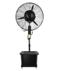 Heavy Duty Outdoor Misting Floor Fan With Adjustable Height And Rolling Wheels To Kick Some Serious Heat For Patios Backyards And Commercial Venues All Summer Long, front view with adjustable stand and water tank.