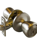 Terrace Keyed Entry Door Knob in Satin Nickel, 6 Way Universal Fit, showing faceplate and latch for installation