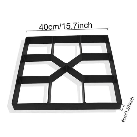 Cross Square Garden Pavement Mold Set For DIY Stepping Stones Reusable Concrete Forms For Pavers Lawn Patio Yard Walkway Stamping Eight Unique Shapes Patterns shown from above with measurements.