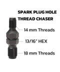 Dual Size Spark Plug Thread Chaser Tool For M10 1.0, M12 1.25, M14 1.5, M18 1.5 Threads With A 13 Sixteenth Inch Hex Head Black Steel Construction For Quick Rethreading And Cleaning Pro Grade 2 Pack showing 14mm, 18mm threads and 13/16 inch hex head.