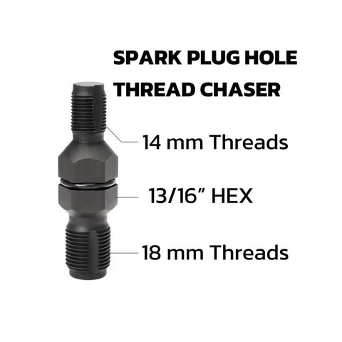 Dual Size Spark Plug Thread Chaser Tool For M10 1.0, M12 1.25, M14 1.5, M18 1.5 Threads With A 13 Sixteenth Inch Hex Head Black Steel Construction For Quick Rethreading And Cleaning Pro Grade 2 Pack showing 14mm, 18mm threads and 13/16 inch hex head.