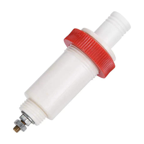 Heavy Duty High Voltage Banana Plug Cross Adapter Designed To Go The Distance With Slick Gold Plated Threads That Lock Tight For Reliable 10KV Power Lab Connections White And Red, side view.