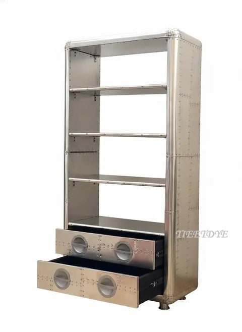 Legit Industrial Aviator Bookcase Featuring Four Hella Spacious Open Shelves And Two Smooth Glide Storage Drawers With Solid Metal Frame