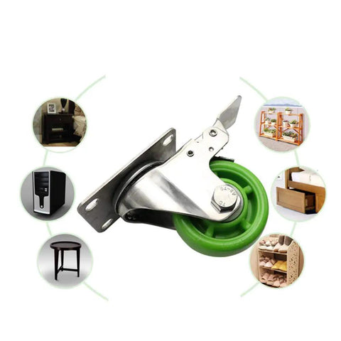 Smooth As Silk Heavy Duty Swivel Caster Wheels With Lock Brakes Green Nylon Rollers double ball bearing mounted on stainless steel bracket.