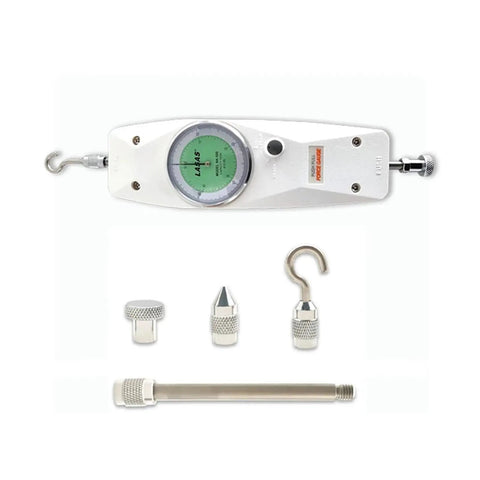 Analog Push Pull Tension Meter And Dynamometer For Accurate Force Readings Pro Grade Center Axis Travel Gauge Workbench Ready Measuring Instrument For Lab Shop And Field Use NK 30N 3kgf, with hooks and adapters