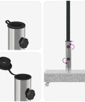 Built Tough Heavy Duty Patio Umbrella Base With Wheels And Adapters Granite Parasol Base, close-ups of adapter and wheels.