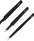 Three-Piece Precision Tweezers Set With Fine Straight Tip, Fine Curved Tip, And Flat Round Tip, Upgraded ESD Safe Anti-Static Crafting Tweezers For Electronics, Jewelry, And Detailed Work, Hand-Polished For Next-Level Accuracy. Black ESD tweezers set