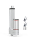 Front view of electric linear actuator with 200 mm stroke, silver aluminum body, mounting brackets and screws.