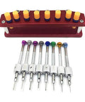 Top Notch Watch Repair Screwdriver Set 8 Piece Precision Tool Kit with metal stand; various colored handles visible