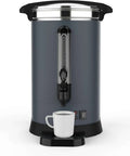 Front view of Sturdy 80-Cup Commercial Coffee Urn with 12-Liter or 3.2-Gallon Capacity, Stainless Steel Electric Maker with mug