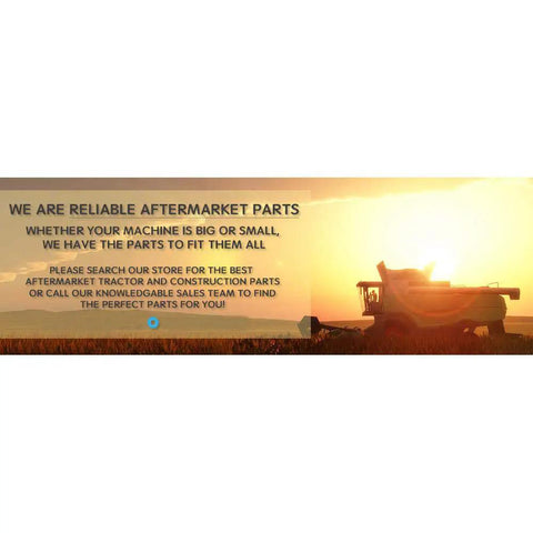 Sunset over a field with silhouette of a tractor and text about reliable aftermarket parts for construction equipment.