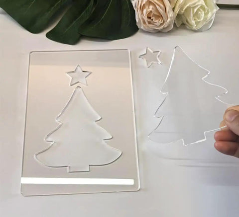 Premium Christmas Lantern Router Templates For Woodworking Shops, 1/4 Thick Clear Acrylic Stencils 5.5 By 8 Inches displayed with tree shapes.