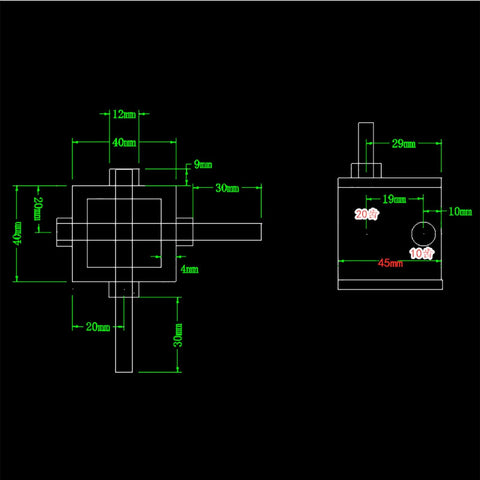 iDili 90-degree gearbox blueprint with front and side views; 1:2 worm gear, 6mm shaft; aluminum alloy & 42CrMo steel