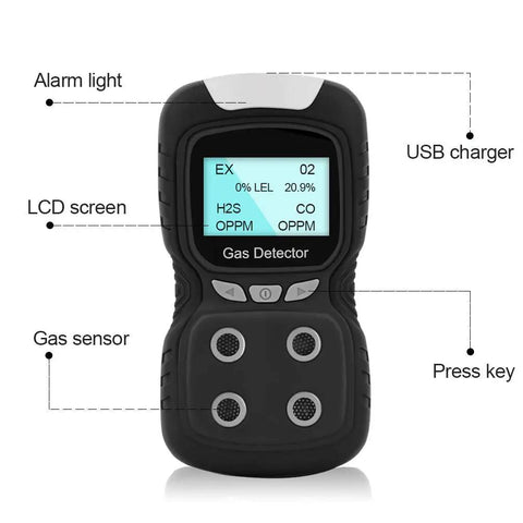 Portable 4 Gas Detector With LCD Display For On The Go Use, Rechargeable Clip On Gas Monitor showing alarm lights and sensors