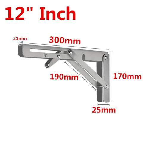 Heavy Duty Stainless Steel Triangle Folding Brackets Set Adjustable Wall Mounted Shelf Brackets For Benches Tables And Tool Stations Space Saving 12 Inch Silver with dimensions