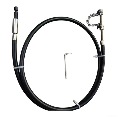 Heavy Duty Electric Drill Drain Auger Snake For Bathroom Sink And Tub Clogs Fast Hex Shank with flexible black hose and tool.