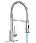 LED Light Kitchen Faucet With Pull Down Sprayer In SS304 Stainless Steel Brushed Nickel Finish showing blue LED indicator