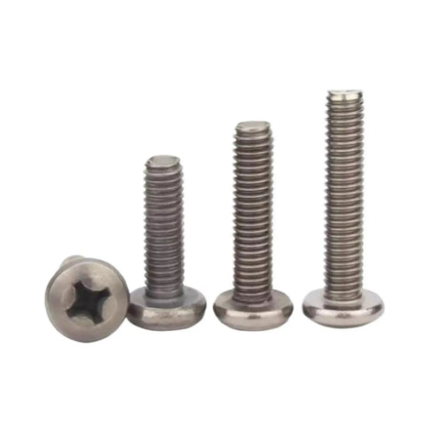 Prime Grade Pure Titanium Phillips Cross Screws M6 M8 Pan Fasteners displayed in various lengths for workshop use.
