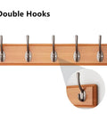 Knockout Wooden Wall Coat Rack Featuring Slick Stainless Steel Double Hooks And Rock Solid Door Back Hanger Organizer For Bedroom Jackets Hats Towels And Keys, showcasing double hooks on wood.