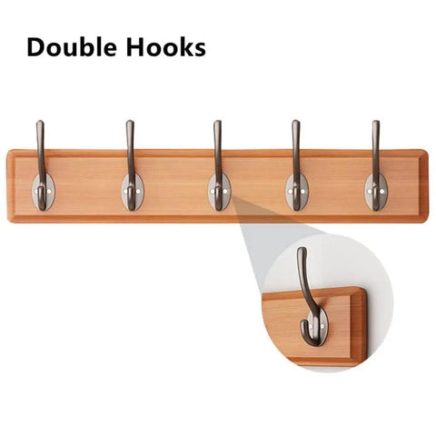 Knockout Wooden Wall Coat Rack Featuring Slick Stainless Steel Double Hooks And Rock Solid Door Back Hanger Organizer For Bedroom Jackets Hats Towels And Keys, showcasing double hooks on wood.